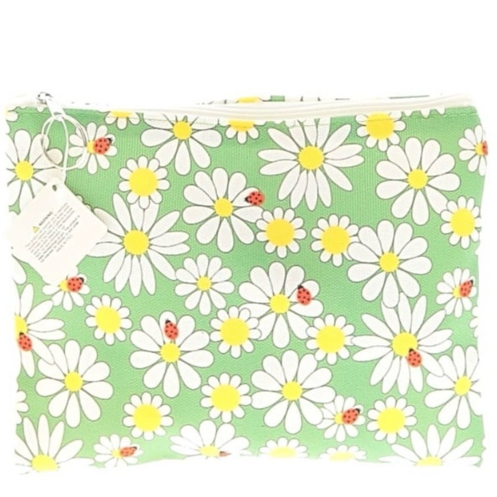Floral Daisy Print Green Zipper Pouch